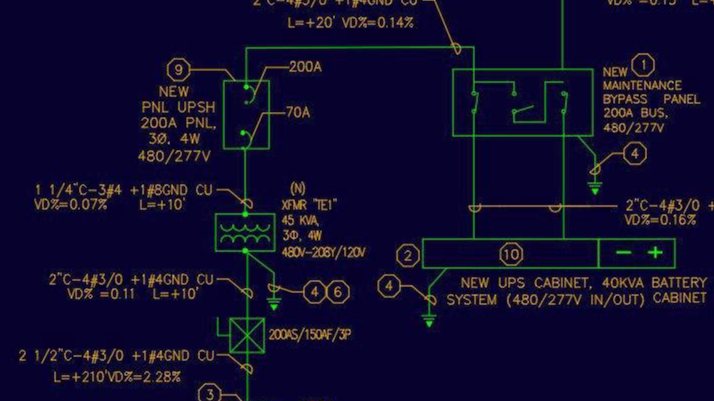 One-line diagram of a UPS panel and battery backup system
