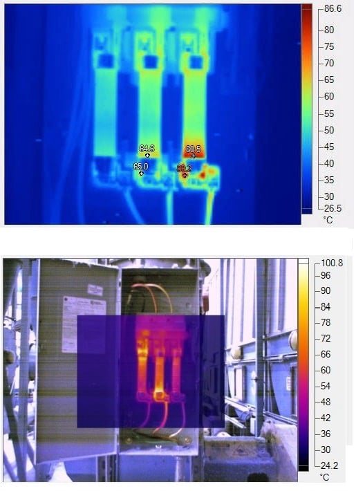 Infrared thermography scan of switchgear connections showing hot spots