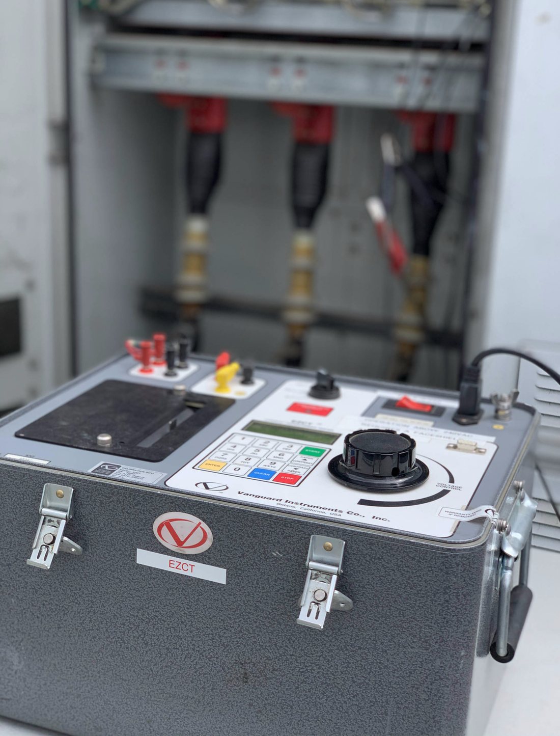 Vanguard EZCT current transformer test set at switchgear cabinet